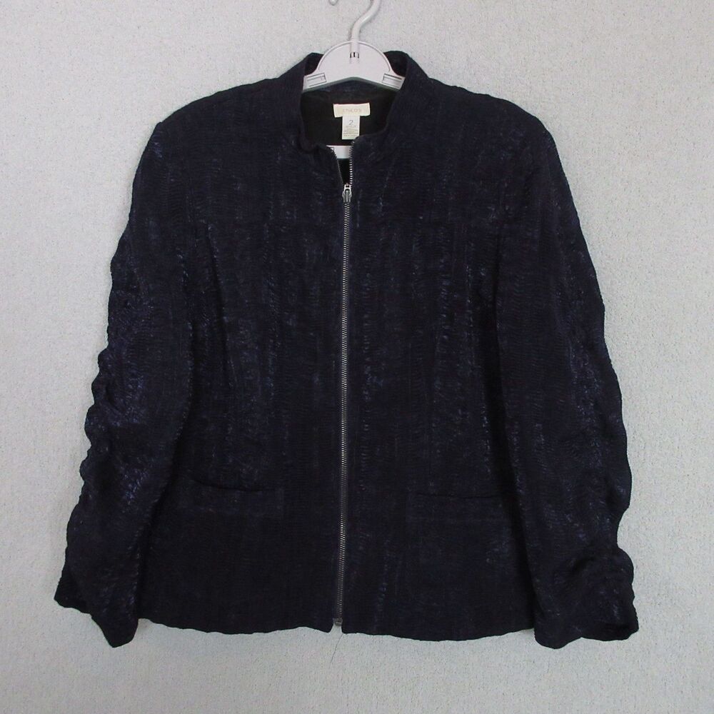 Chicos Jacket Womens 2 (US 12) Navy Textured Zip Front Lightweight Blazer Dressy